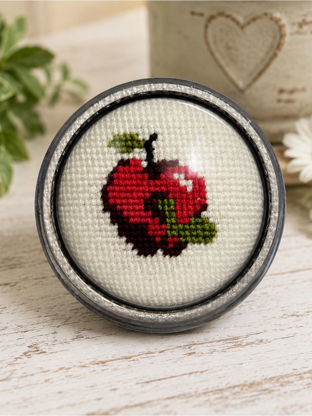 Vintage Apple Worm Cross Stitch Magnified Glass Paperweight Dome Handmade 3” Dec